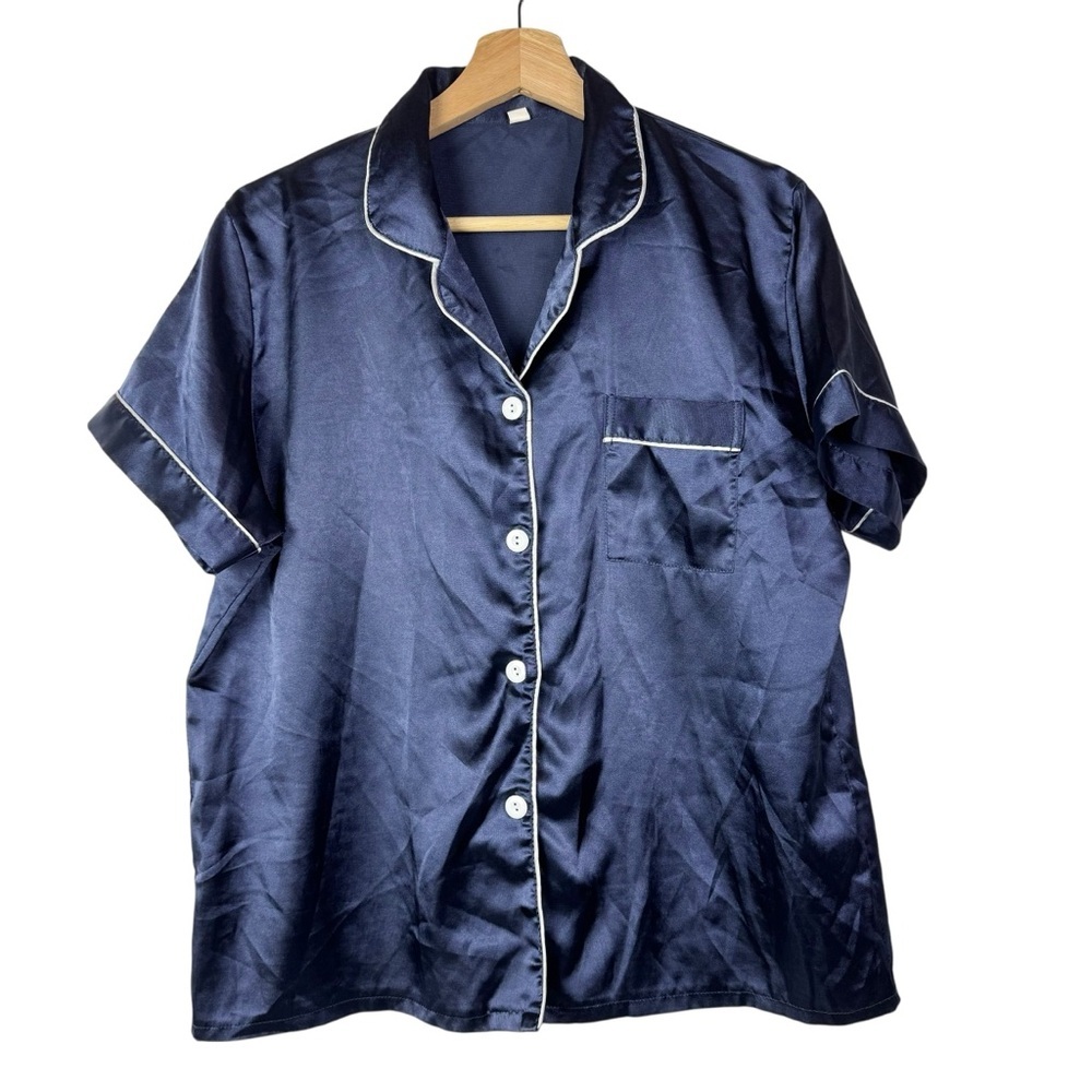 Boutique Navy Blue White Trim Satin Button Down Short Sleeve Pajama Top‎ L